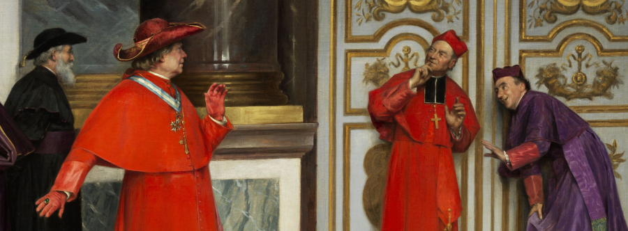Henri Adolphe Laissement kuvasi salakuuntelevia kardinaaleja vuonna 1895. Yksityiskohta maalauksesta.